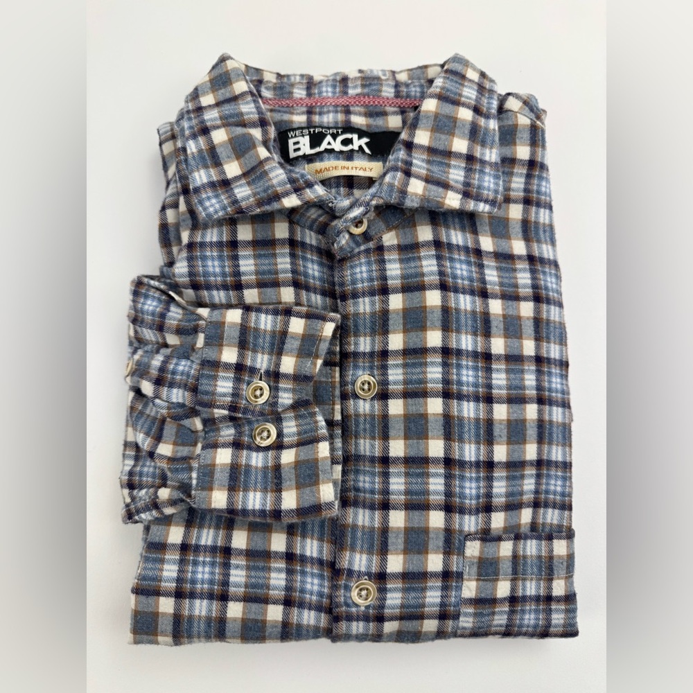 Westport Black Blue Check Plaid Flannel 100% Cotton Made In Italy Euc Men LargeT